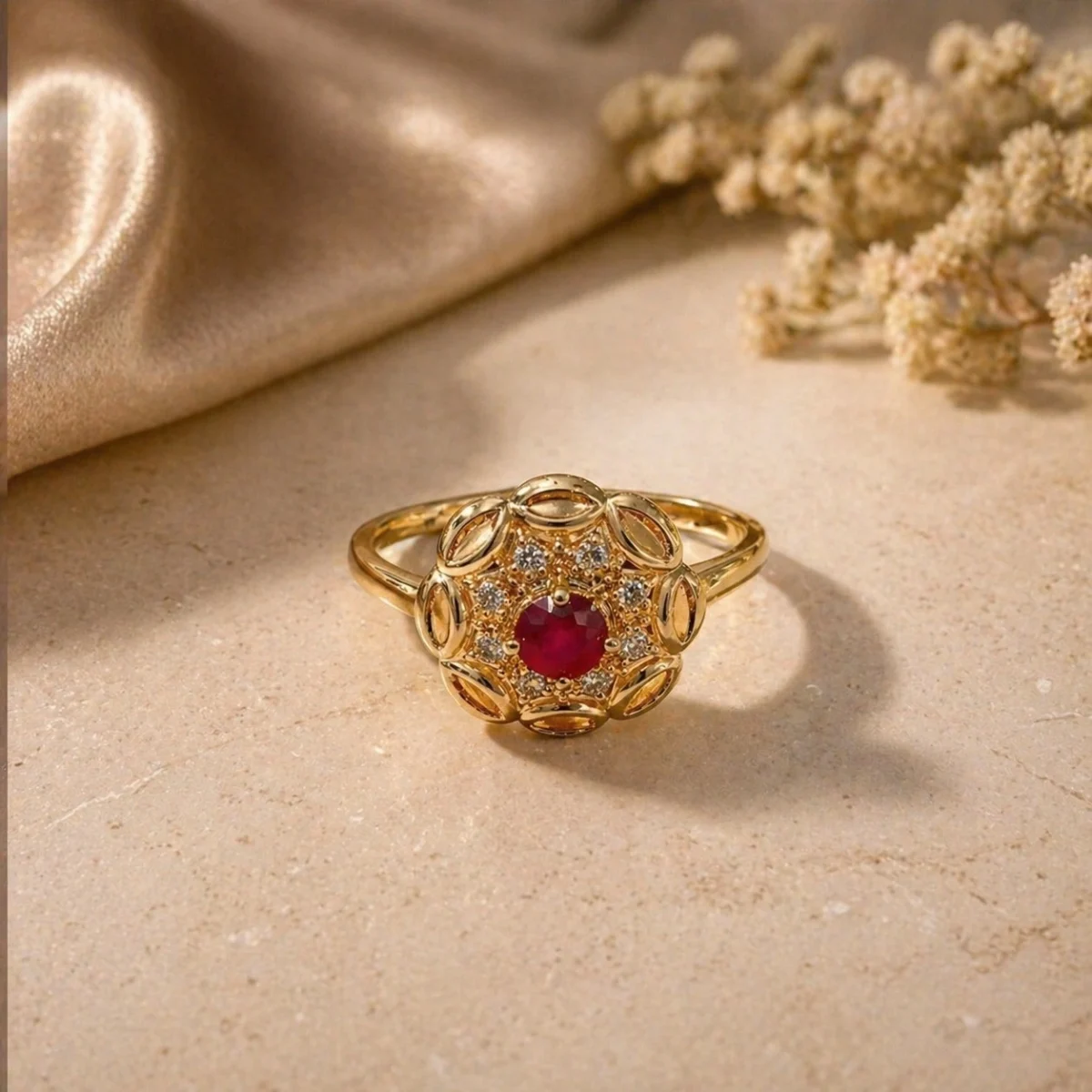 1 Ruby Solitaire – Stunning Red Stone Adjustable Ring for Women | Elegant Cutwork - Image 3