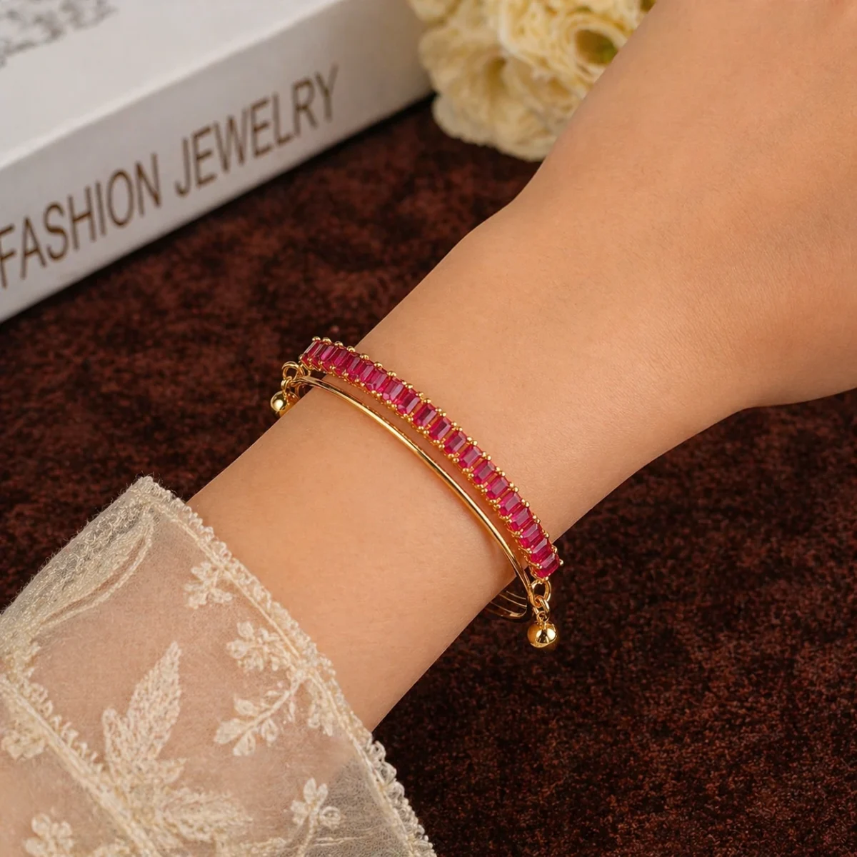 1Pc Radiant Ruby Bracelet – Elegant Red Crystal Cuff for Women - Image 2