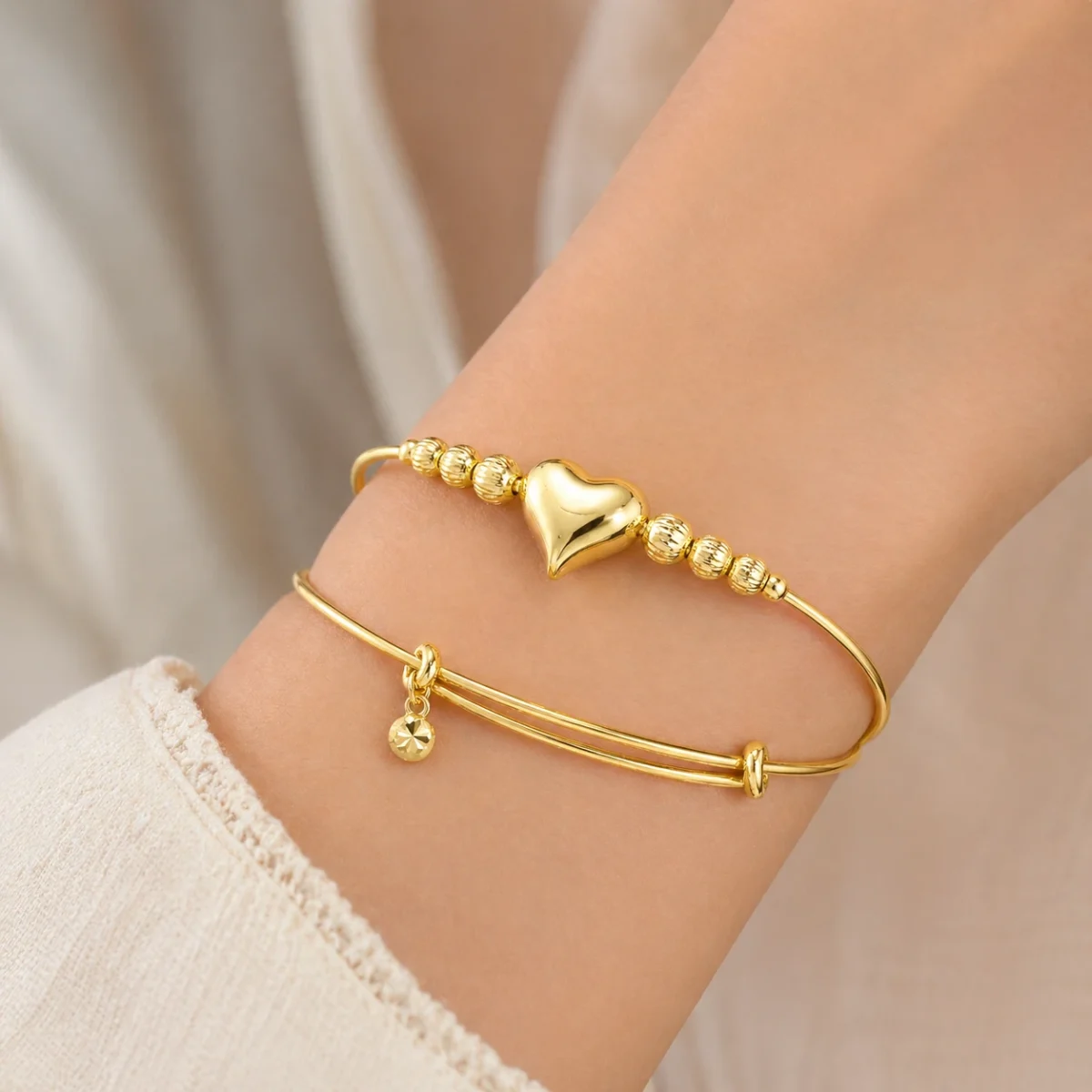 Dazzling Gold Heart Charm Bracelet for Women | 1-Piece Adjustable Beaded Bangle with Puffy Heart - Image 3