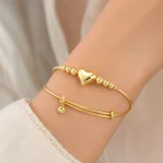 Dazzling Gold Heart Charm Bracelet for Women | 1-Piece Adjustable Beaded Bangle with Puffy Heart - Image 3
