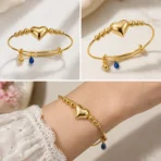Dazzling Gold Heart Charm Bracelet for Women | 1-Piece Adjustable Beaded Bangle with Puffy Heart - Image 2