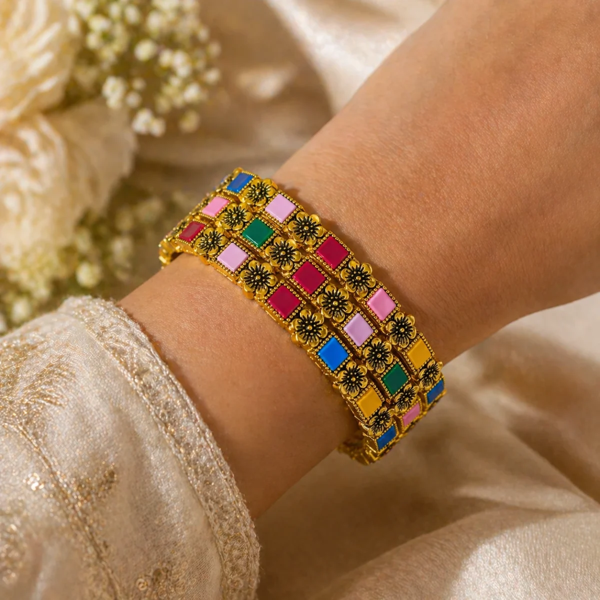 4-Layer Luxe Bracelet – Bold Multicolor Stack for Women - Image 2