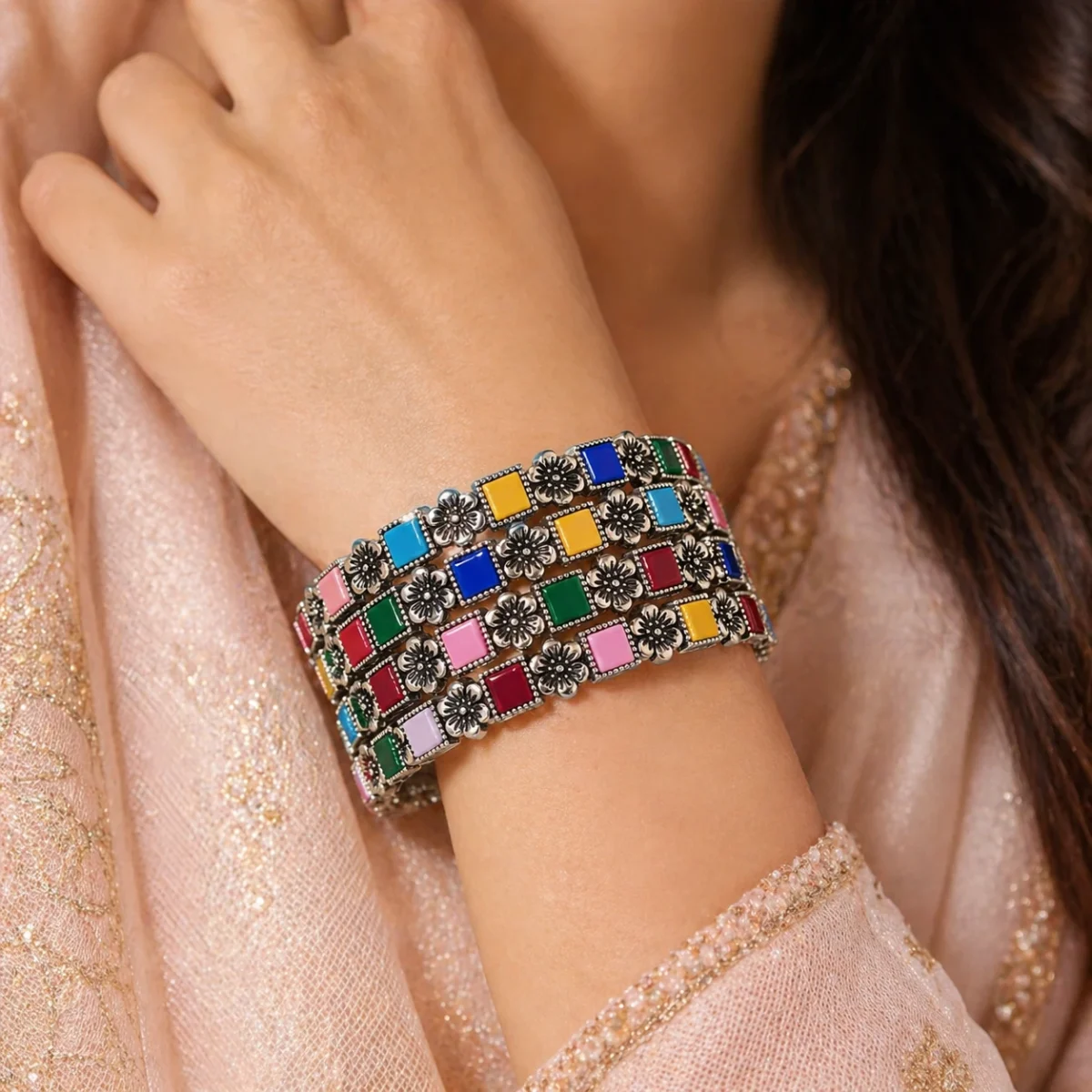 4-Layer Luxe Bracelet – Bold Multicolor Stack for Women - Image 6