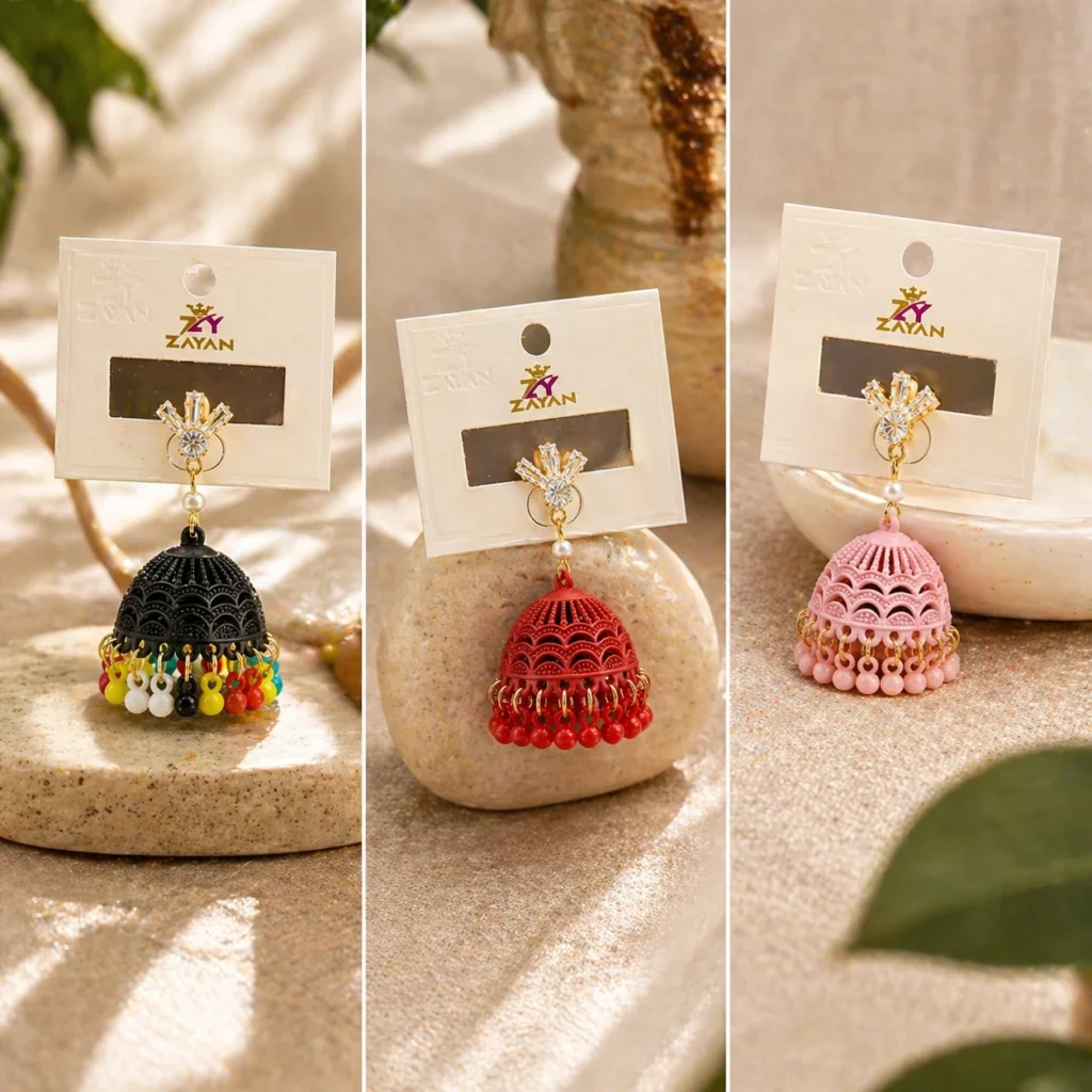 Multicolor jhumka earrings Pakistan with floral gold-tone design