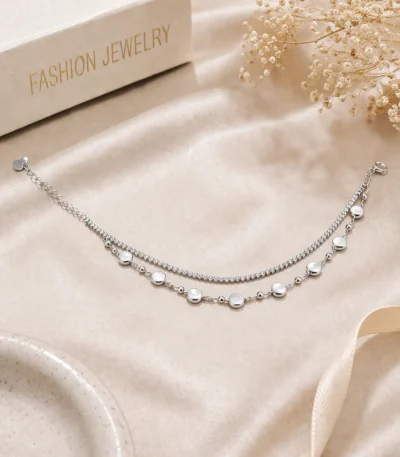 Dazzling silver double layer anklet Pakistan style with crystals and circular charms