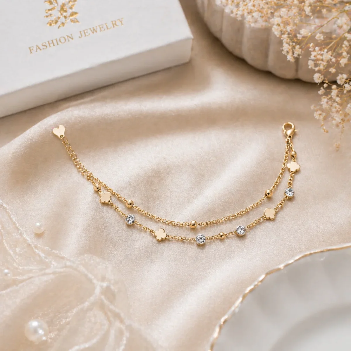 Alluring 2-Layer Gold Anklet for Women | Double Chain Pazeb with Star & Pearl Charm Drops - Image 2