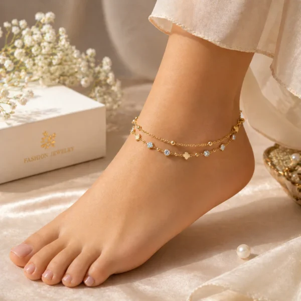 Double layer gold anklet Pakistan — 2-chain pazeb with star charm and pearl drops by LumiraPK