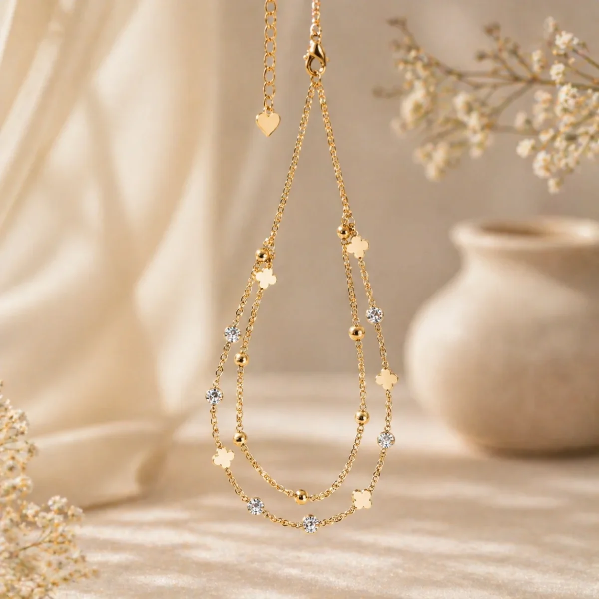 Alluring 2-Layer Gold Anklet for Women | Double Chain Pazeb with Star & Pearl Charm Drops - Image 3