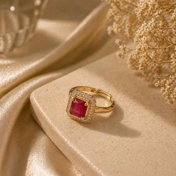 Ruby halo ring Pakistan — adjustable cushion-cut CZ gold cocktail ring by LumiraPK