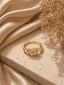 Enchanting gold adjustable ring Pakistan with crystal floral sunburst design