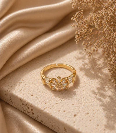 Enchanting gold adjustable ring Pakistan with crystal floral sunburst design
