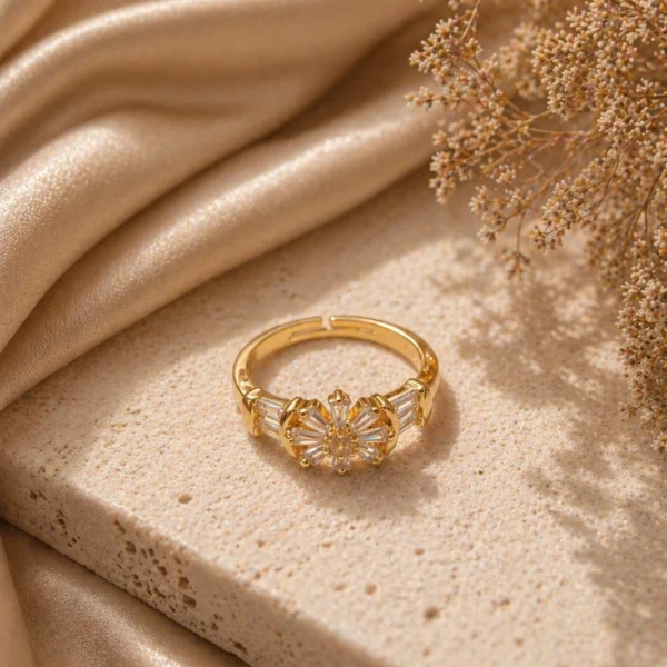 Enchanting gold adjustable ring Pakistan with crystal floral sunburst design