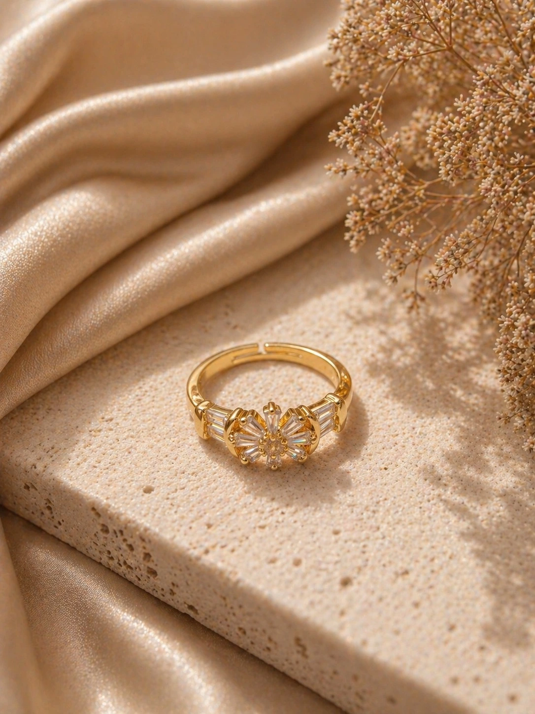 gold adjustable ring Enchanting gold adjustable ring Pakistan with crystal floral sunburst design