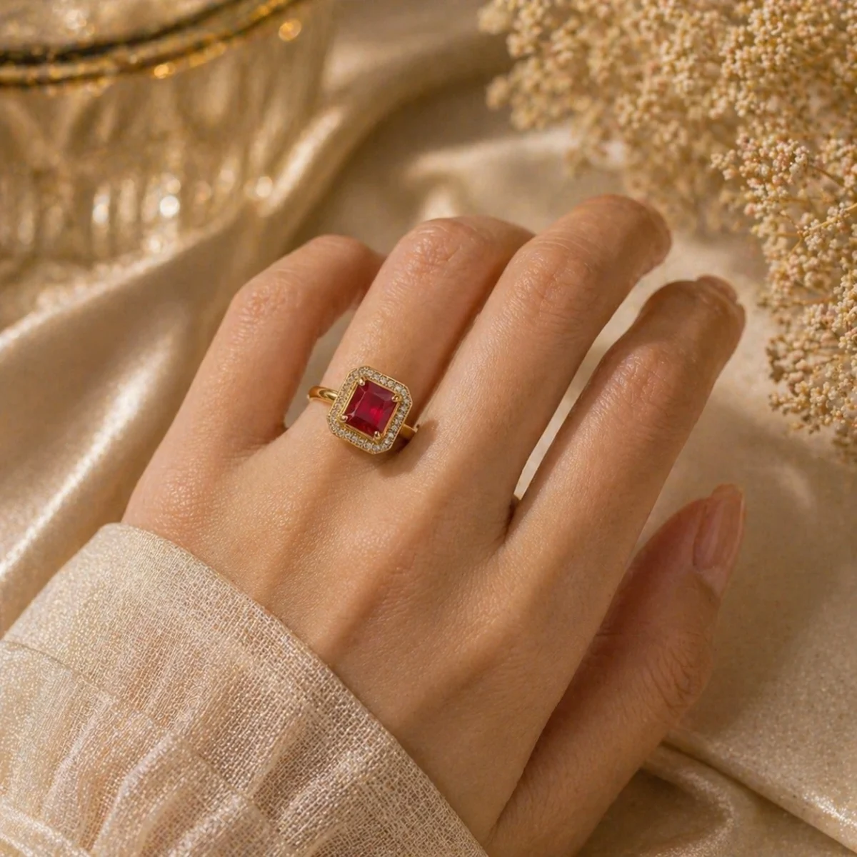 Adjustable Square Ruby Halo Ring for Women - Image 2