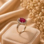 Ruby halo ring Pakistan — adjustable cushion-cut CZ gold cocktail ring by LumiraPK