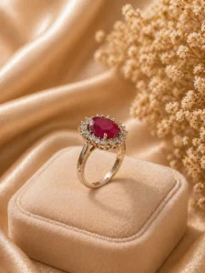 Ruby halo ring Pakistan — adjustable cushion-cut CZ gold cocktail ring by LumiraPK