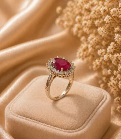 Ruby halo ring Pakistan — adjustable cushion-cut CZ gold cocktail ring by LumiraPK