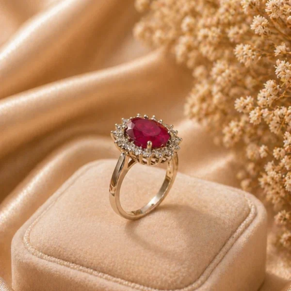 Ruby halo ring Pakistan — adjustable cushion-cut CZ gold cocktail ring by LumiraPK