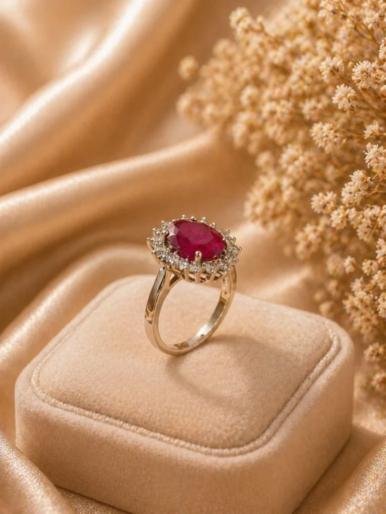 Ruby halo ring Pakistan — adjustable cushion-cut CZ gold cocktail ring by LumiraPK