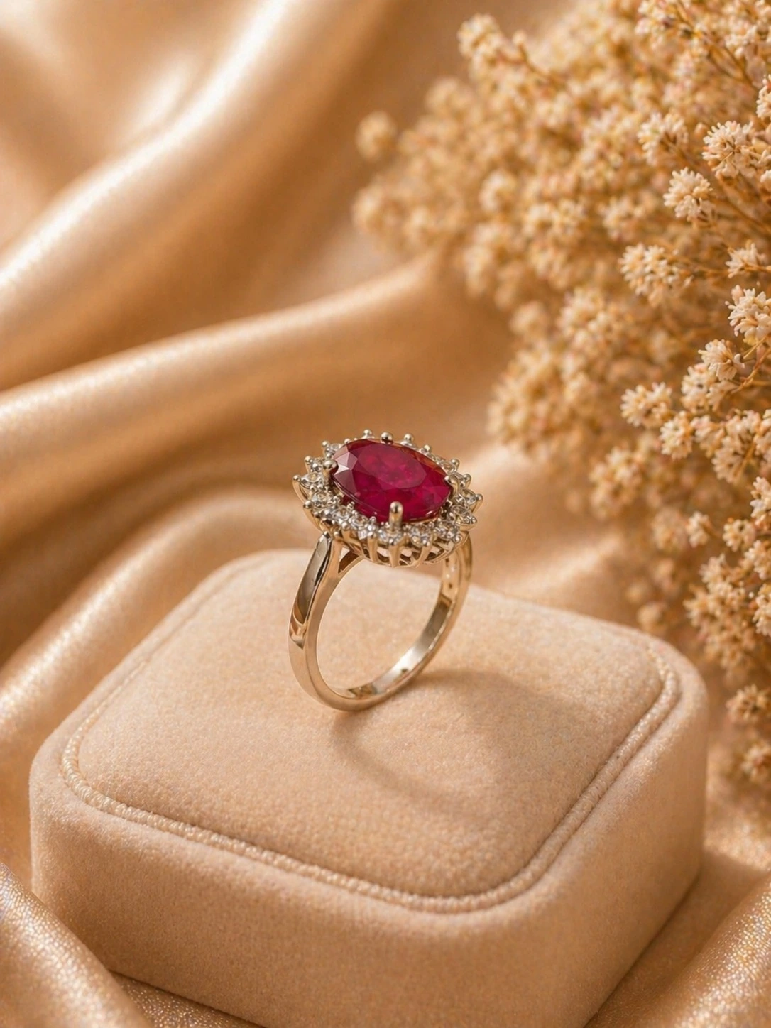 Ruby halo ring Ruby halo ring Pakistan — adjustable cushion-cut CZ gold cocktail ring by LumiraPK