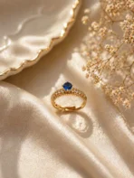 Alluring blue stone adjustable ring Pakistan with gold-plated pavé band