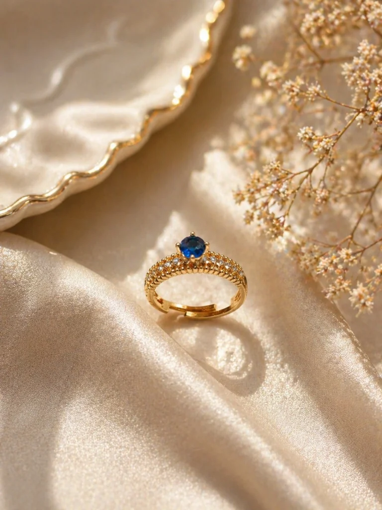 Alluring blue stone adjustable ring Pakistan with gold-plated pavé band