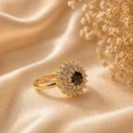 Black stone halo ring Pakistan — adjustable double CZ sunburst gold cocktail ring by LumiraPK