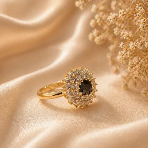 Black stone halo ring Pakistan — adjustable double CZ sunburst gold cocktail ring by LumiraPK