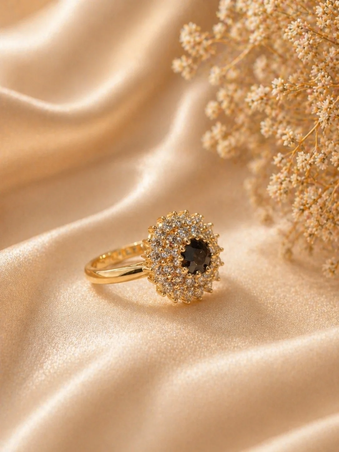 Black stone halo ring Black stone halo ring Pakistan — adjustable double CZ sunburst gold cocktail ring by LumiraPK