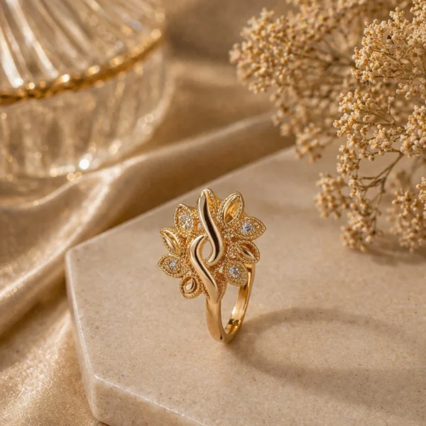 adjustable floral ring Pakistan with elegant gold zircon design