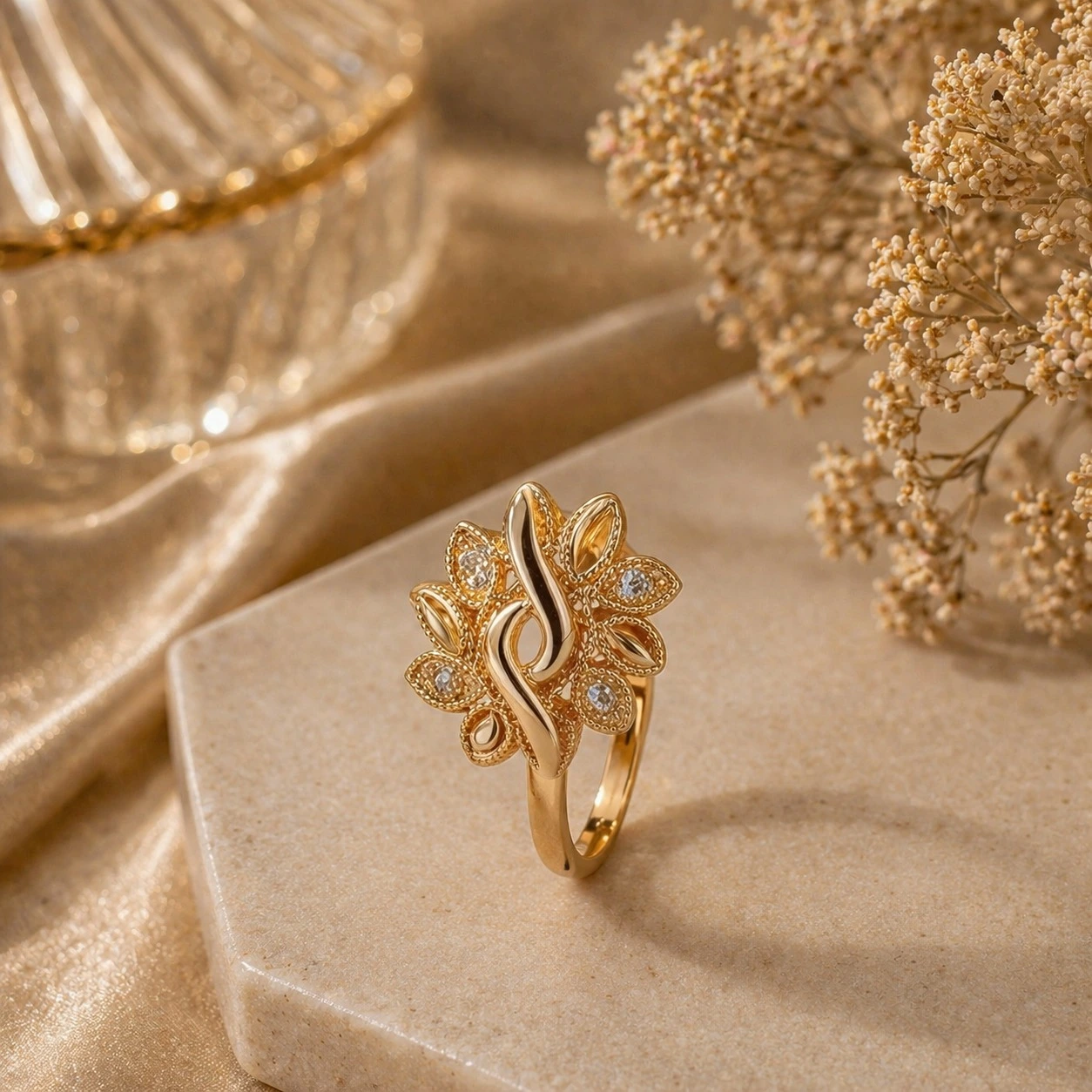 adjustable floral ring adjustable floral ring Pakistan with elegant gold zircon design