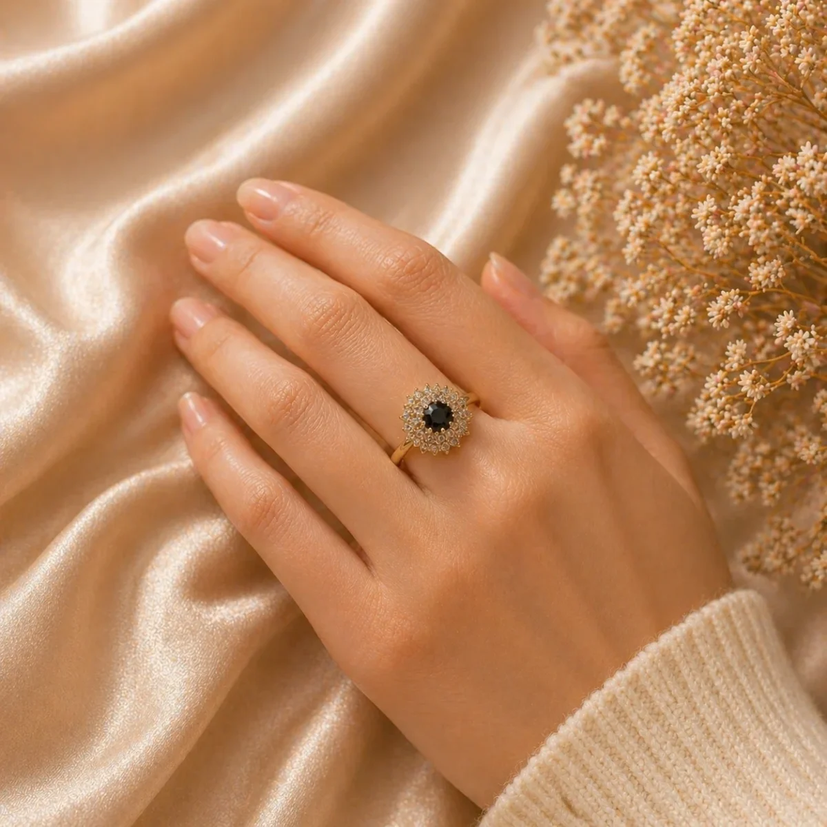 Sensational Black Stone Double Halo Ring for Women | 1-Stone CZ Sunburst Adjustable Gold Ring - Image 2