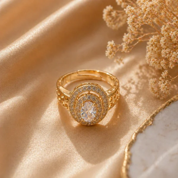zircon ring Pakistan with elegant gold halo design