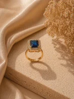 Luxurious Blue Sapphire Halo Ring for Women | 1-Stone Emerald Cut CZ Adjustable Gold Ring - Image 3