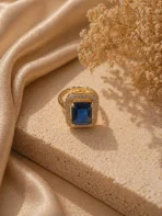Blue sapphire halo ring Pakistan — adjustable emerald-cut CZ rectangular gold ring by LumiraPK