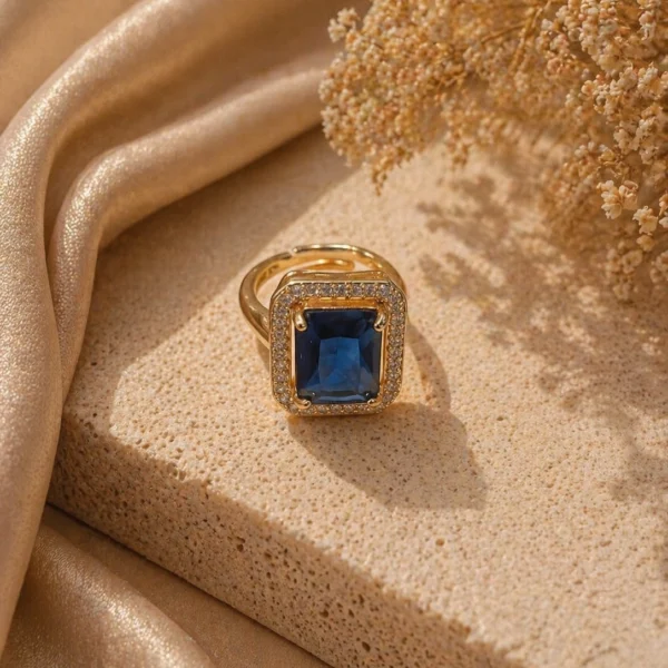 Blue sapphire halo ring Pakistan — adjustable emerald-cut CZ rectangular gold ring by LumiraPK