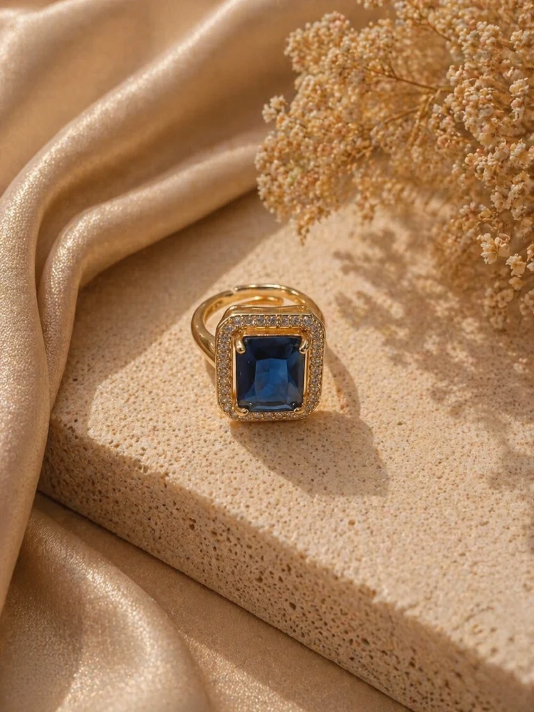 Blue sapphire halo ring Pakistan — adjustable emerald-cut CZ rectangular gold ring by LumiraPK
