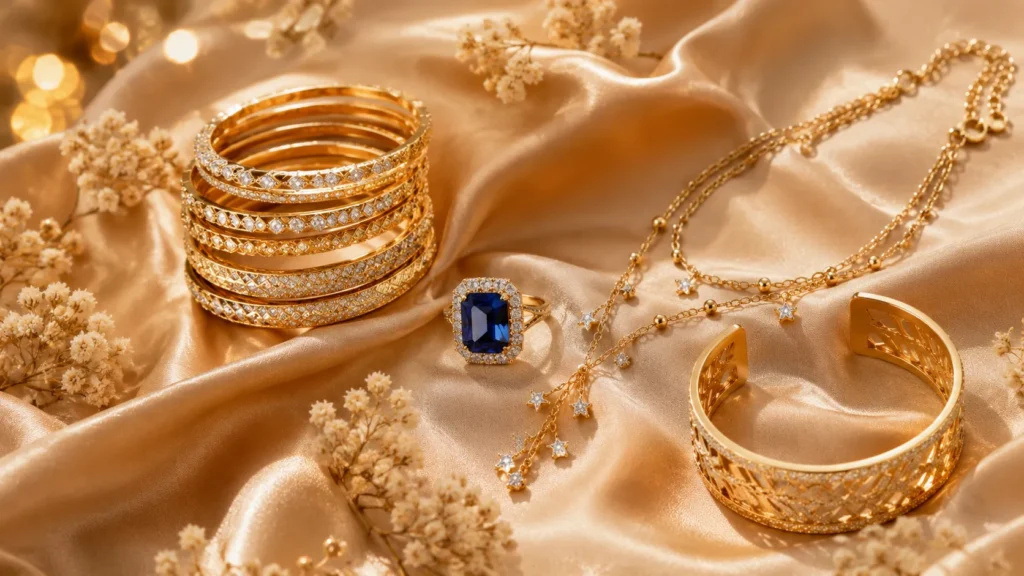 Artificial jewelry trends Pakistan 2025 — gold bangles, rings and earrings flatlay by LumiraPK