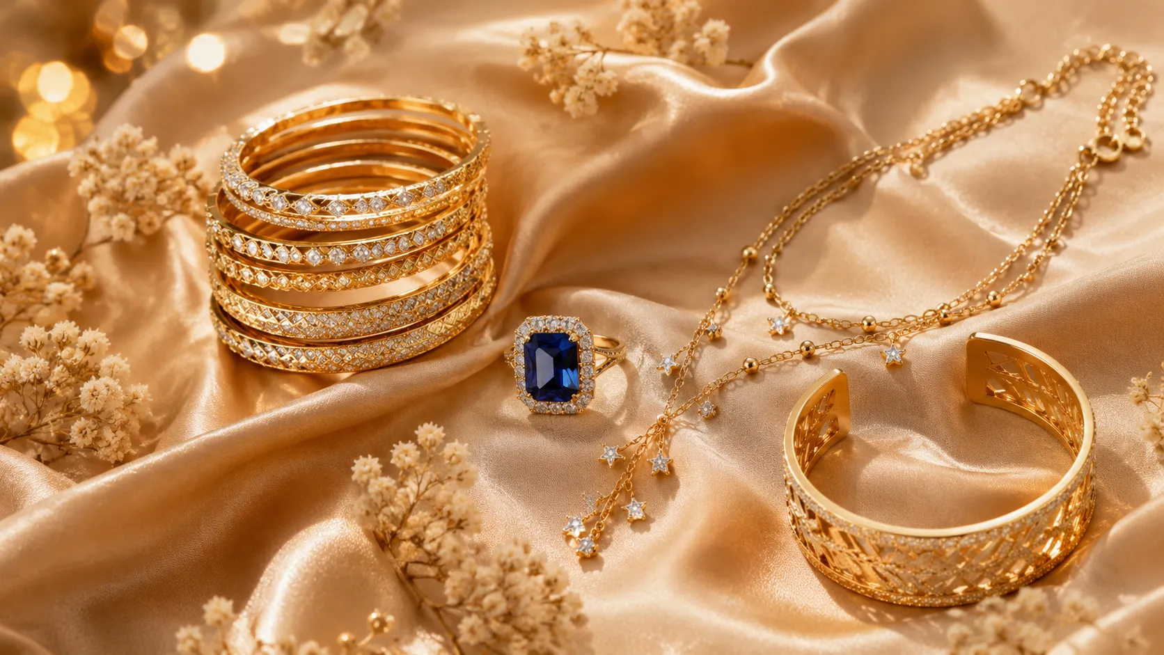 Artificial jewelry trends Pakistan 2025 — gold bangles, rings and earrings flatlay by LumiraPK