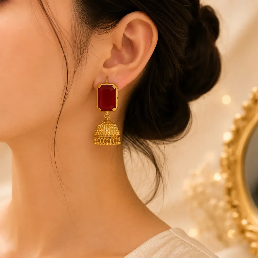 Lightweight Ruby Jhumka Earrings Pakistan for dawat looks