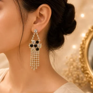 Lightweight Black Crystal Tassel Earrings Pakistan for dawat looks