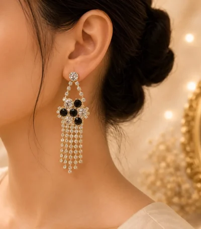 Lightweight Black Crystal Tassel Earrings Pakistan for dawat looks