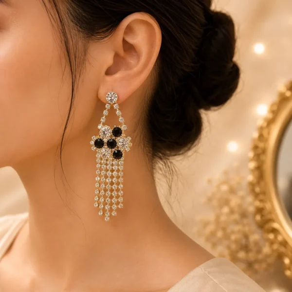 Lightweight Black Crystal Tassel Earrings Pakistan for dawat looks