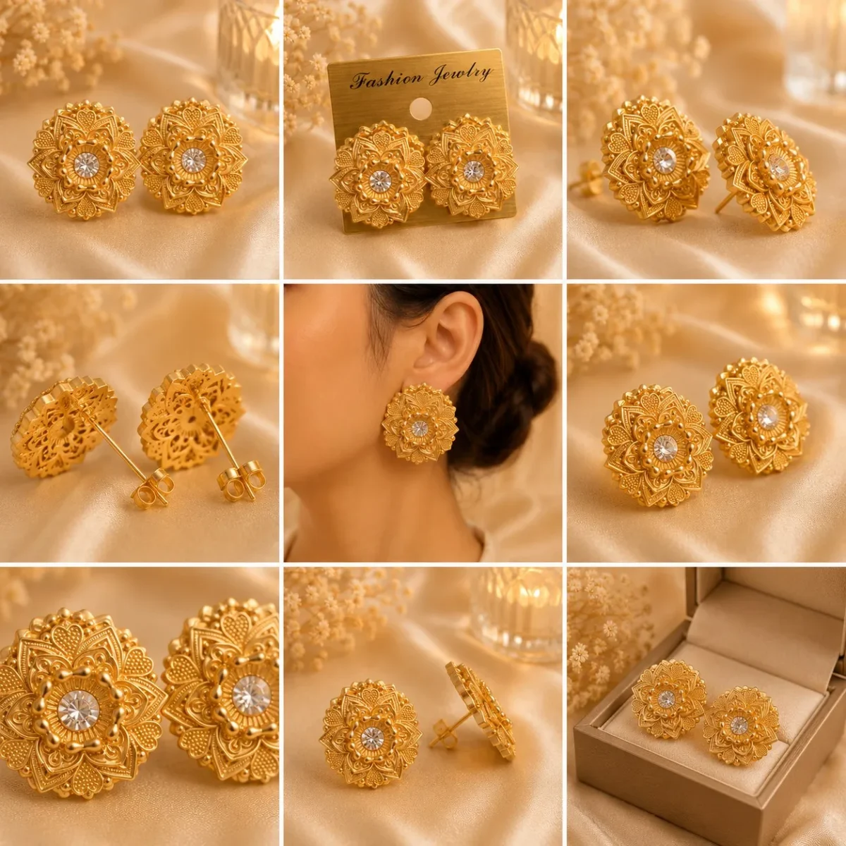 Lightweight Gold Floral Stud Earrings Pakistan for mehndi looks