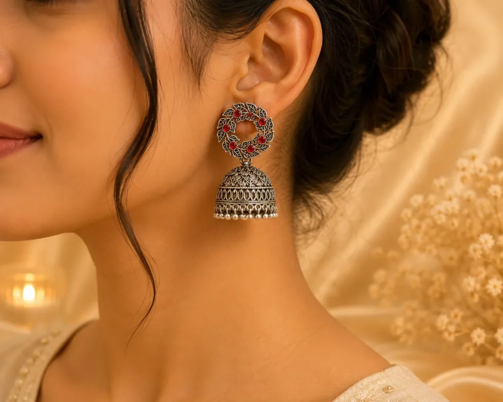 Red stone jhumki earrings with modern desi vibe