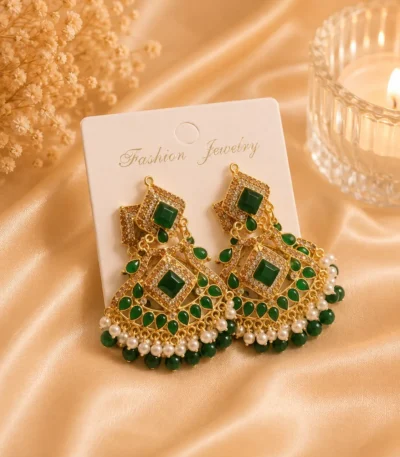 Lumira Emerald Chandbali Earrings Pakistan for mehndi styling