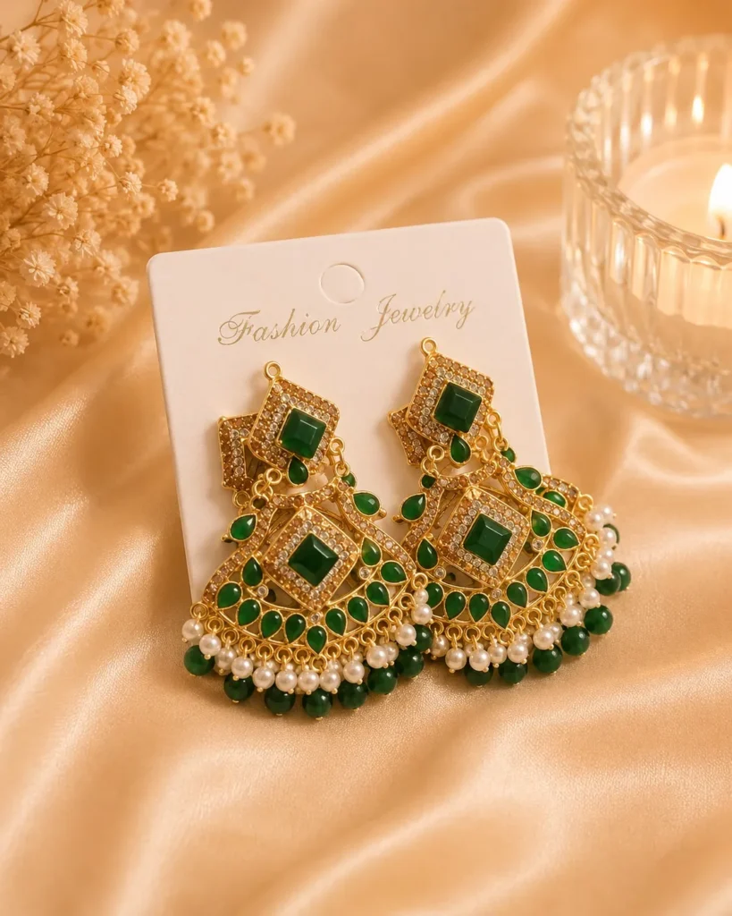 Lumira Emerald Chandbali Earrings Pakistan for mehndi styling