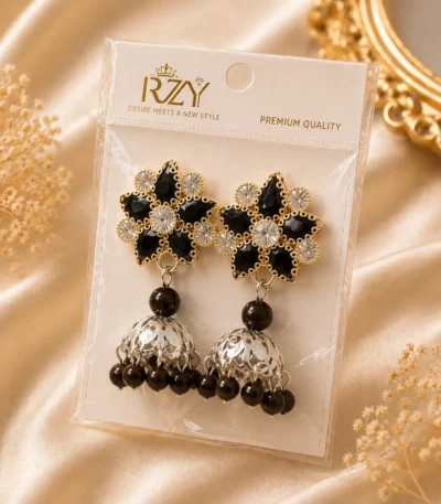 Lumira Black Floral Jhumki Earrings Pakistan for festive styling