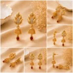 Pakistani model styling lightweight Kundan Drop Earrings for a desi event.