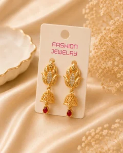 Front view of beautiful gold plated Kundan Drop Earrings by Lumira PK.